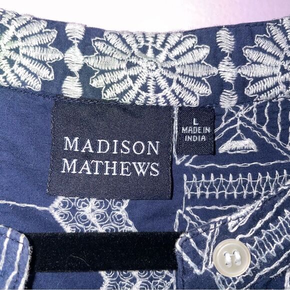 Madison Mathews Size L Tunic Dress Navy Embroidered Aztec Boho Southwestern - Picture 4 of 8